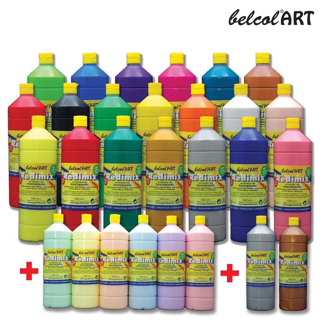 belcolART Redimix Set 20 x 1000ml in 20 Farben GRATIS dazu: 6x Pastellfarben 1x Bronze 1x Silber