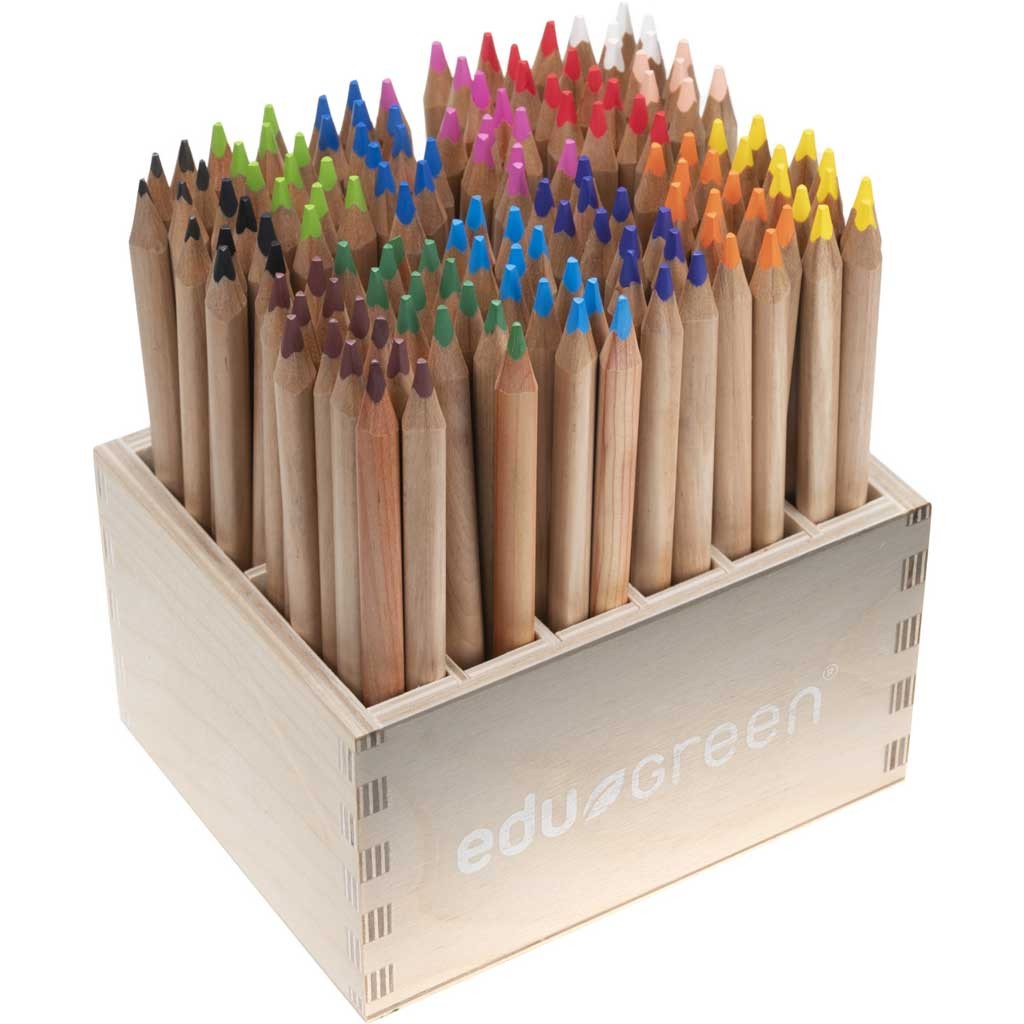 edu³ Holzbuntstifte dreikant, 144 Stifte in der Holzbox, 5mm Mine, naturbelassen