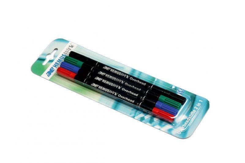 Overhead Permanent-Marker 4er Etui Doppelfaser, rot, blau, grün, schwarz