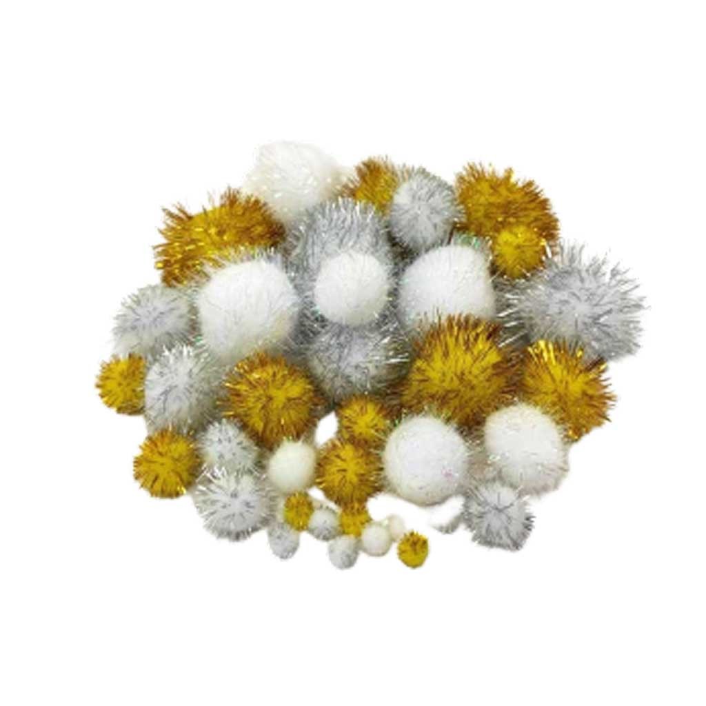 Pompons, 500 Stück GLITTER X-MAS 10 mm - 40 mm sortiert in weiß, silber, gold
