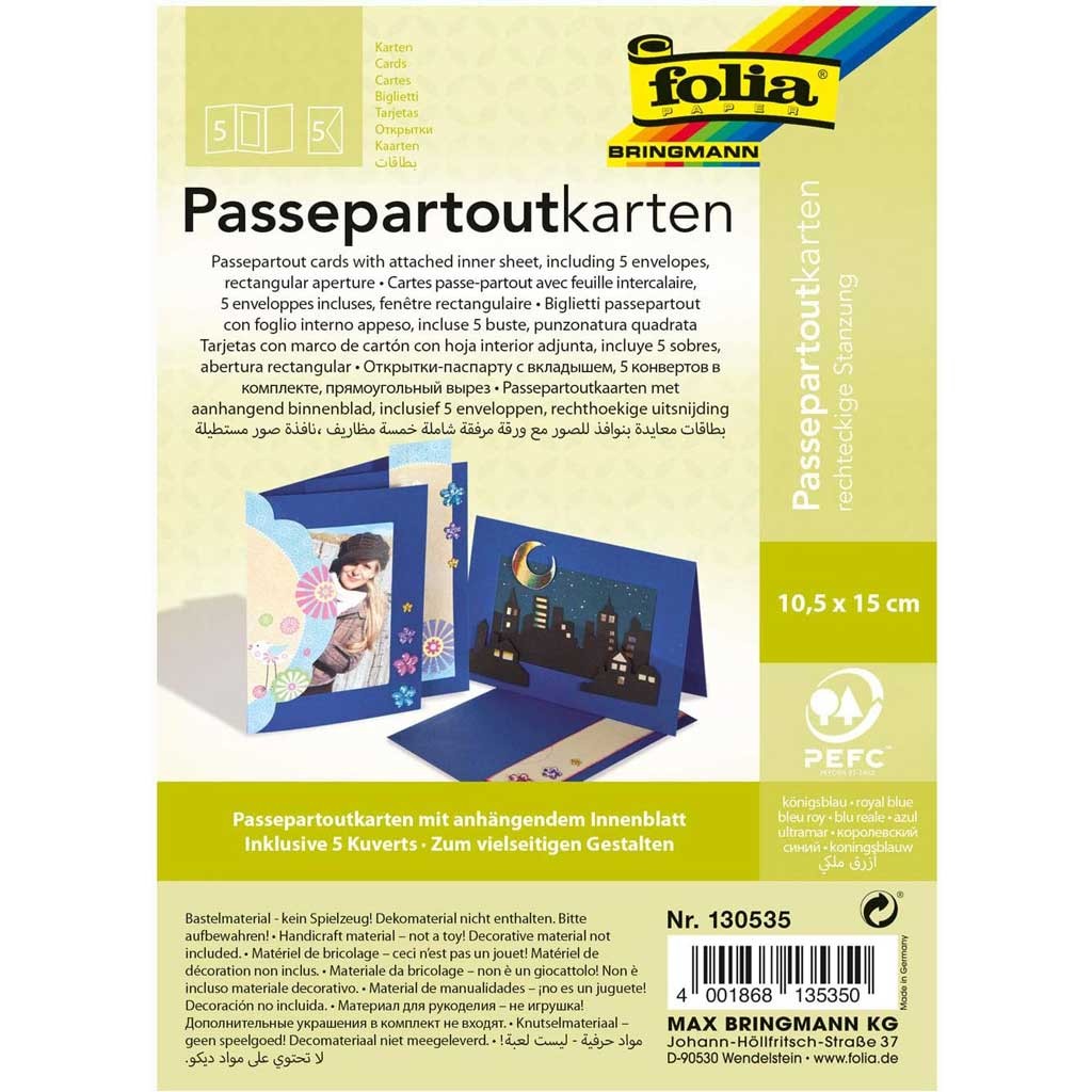 Passepartouts 220g/m², rechteck Stanzung 10,5x15cm,5 Karten+Kuverts, königsblau