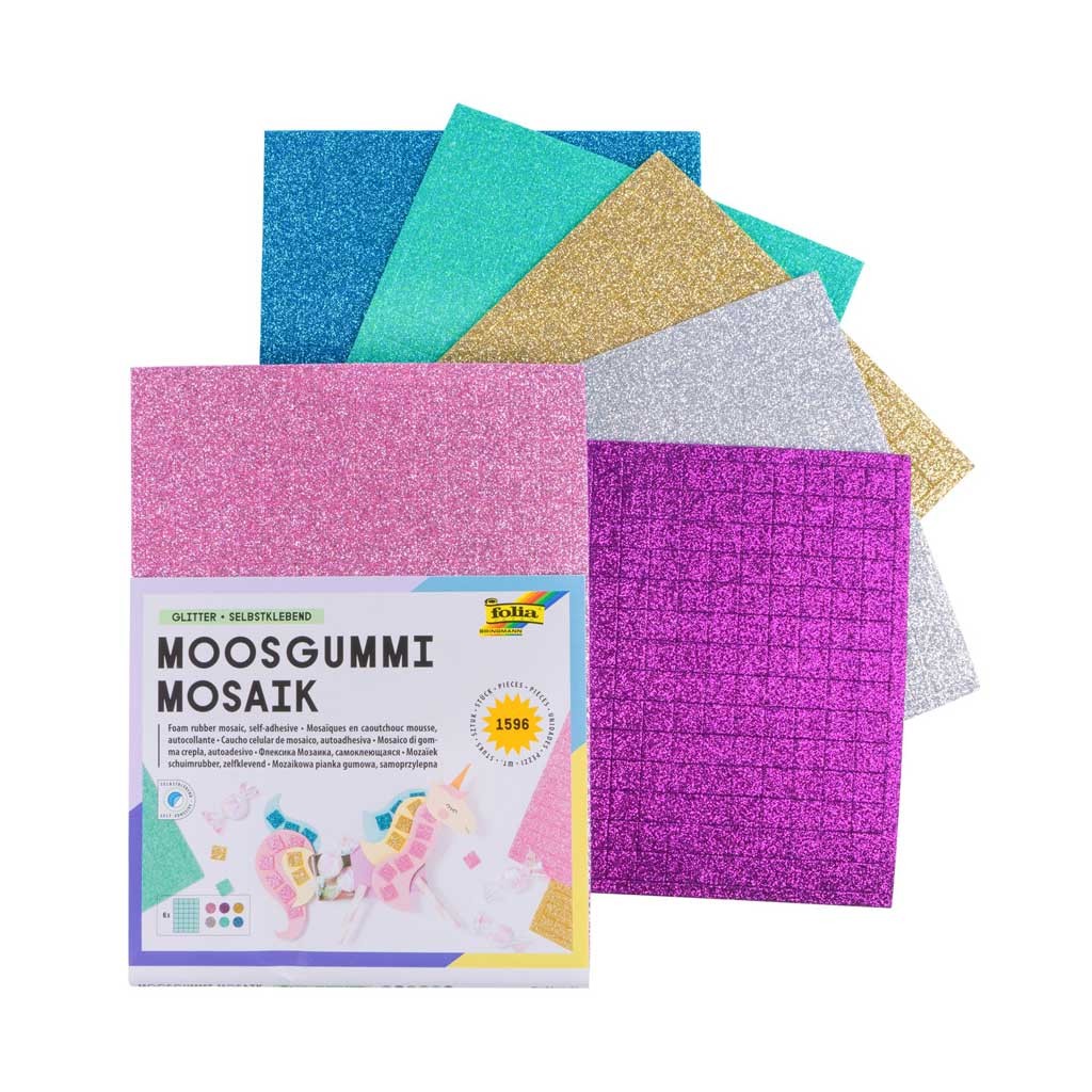 Glitter-Moosgummi MOSAIK vorgestanzt, 15x20cm 1.596 Teile in 6 Farben sortiert