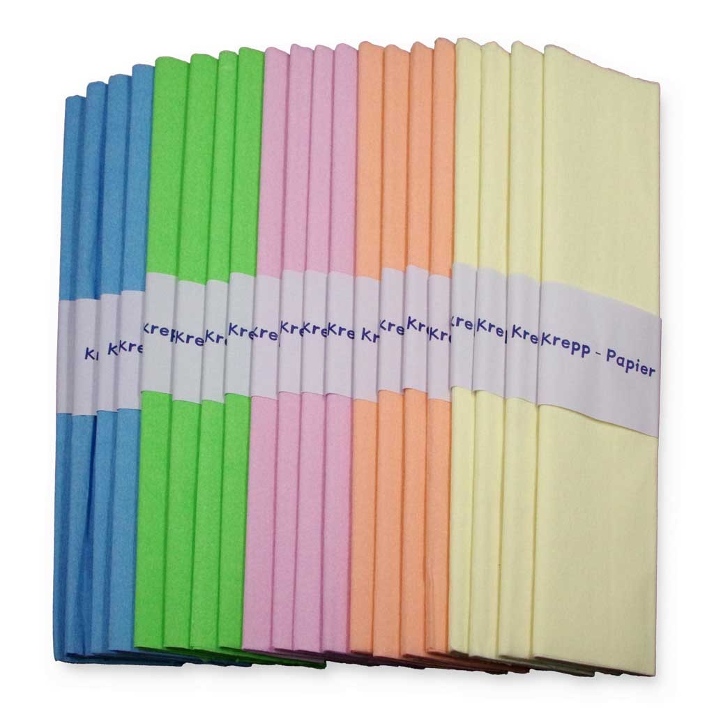 20 Rollen Krepppapier, 50x250cm, pastell in 5 Pastellfarben sortiert