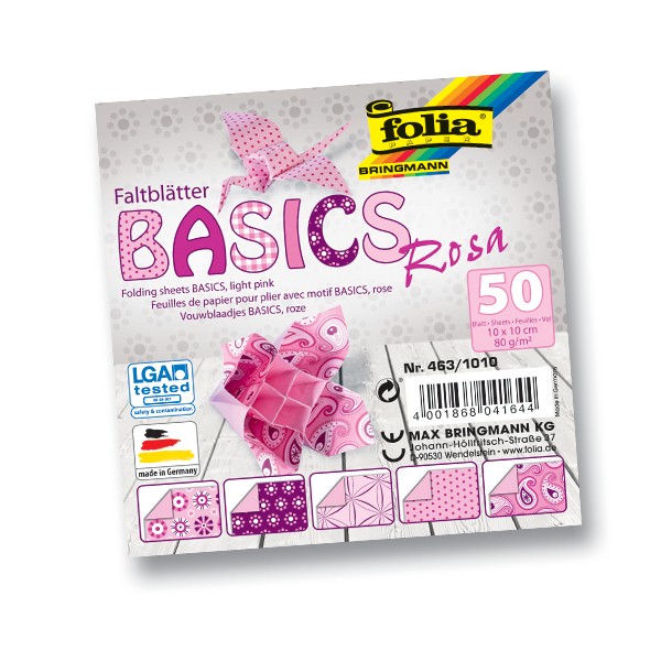 Faltblätter 80g/m², BASICS ROSA 20x20cm, 50 Blatt, 5 Motive sortiert