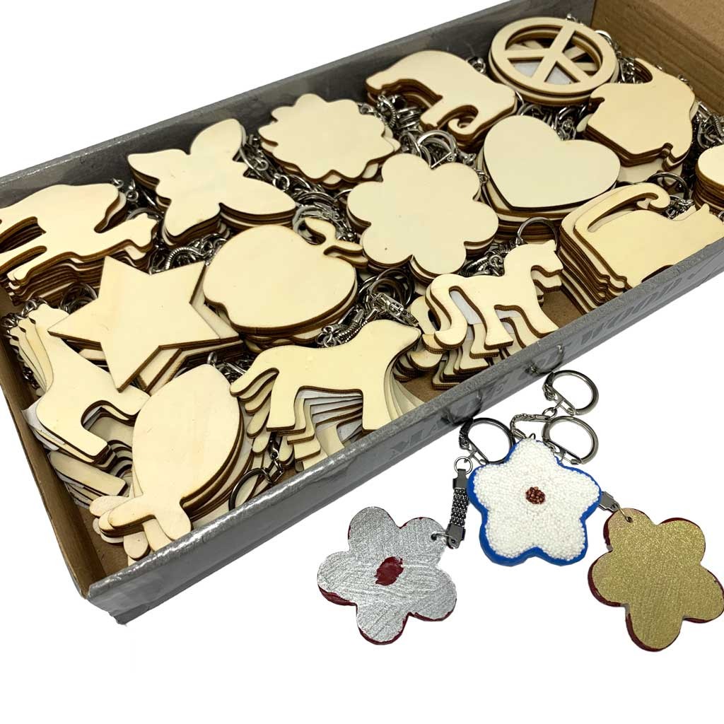 Schlüsselanhänger aus Holz – Sortiment, 128 Stck., Größe 7 x 7 cm, 3 mm stark