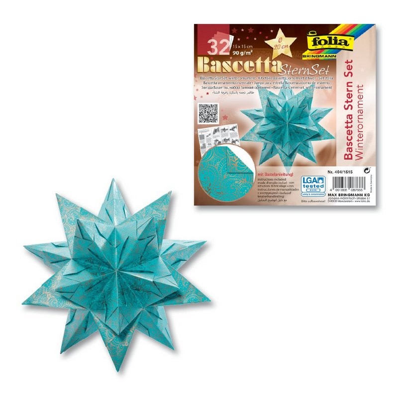 Bascetta-Stern Set, 15x15cm, 32 Bl. Türkis/Winterornament Kupfer