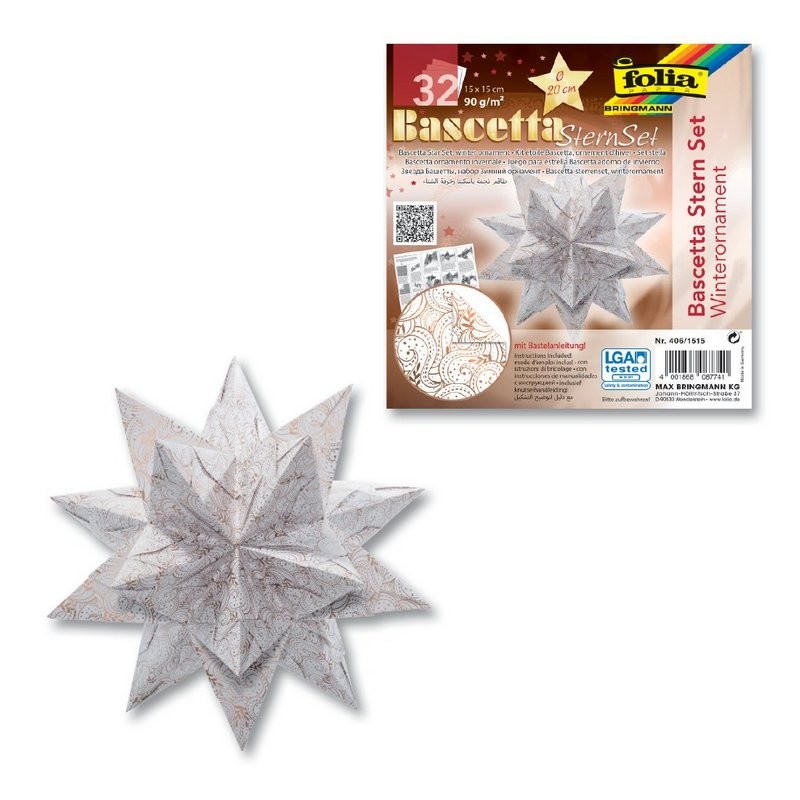 Bascetta-Stern Set, 20x20cm, 32 Bl. Weiß/Winterornament Kupfer