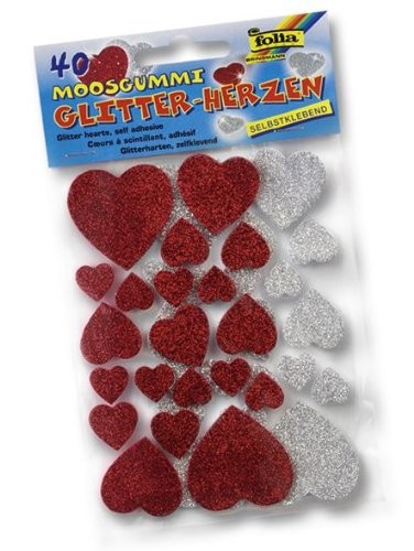 Moosgummi Glitter-Sticker, 40 Stück Herzen, rot/silber sortiert