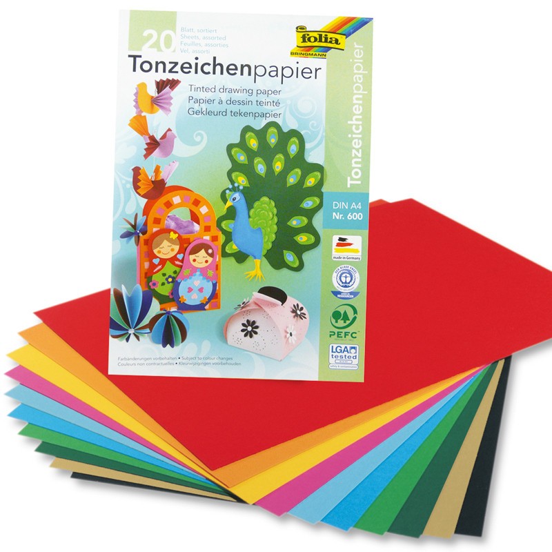 Tonpapierblock, 130g/m², DIN A4 20 Blatt, farbig sortiert